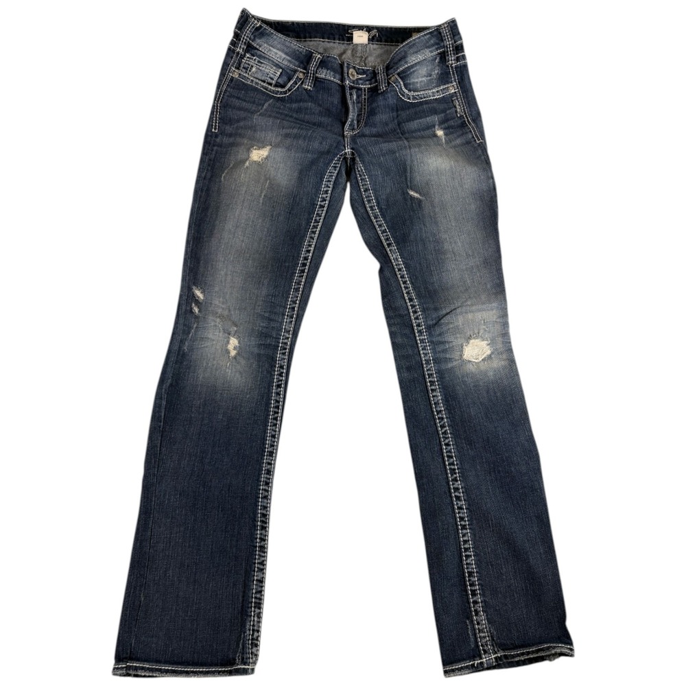 Silver Jeans Co. Aiko Bootcut‎ Womens 30x33 (33x32.5) Blue Denim Logo Distressed